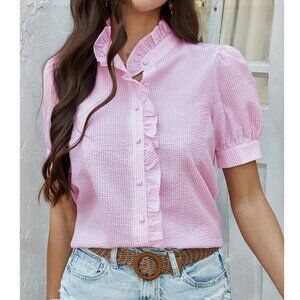 Pink Striped Shirt Button Down Puff Sleeve Blouse Ruffle Trim On Front & Collar